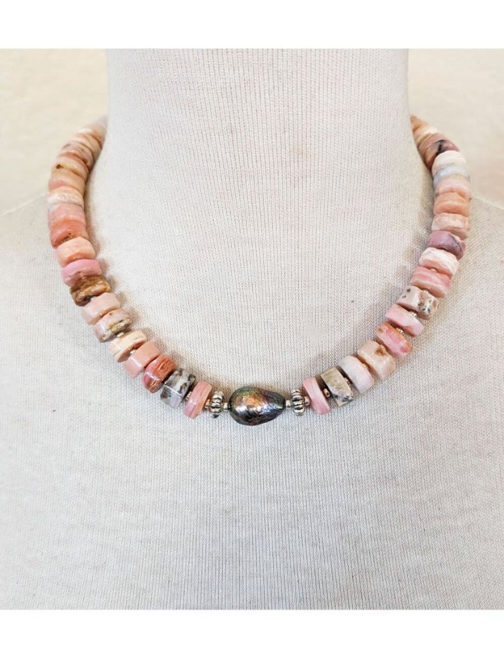 Blush & Coral Pink Rhodonite Peacock Baroque Pearl Beaded Statement Necklace